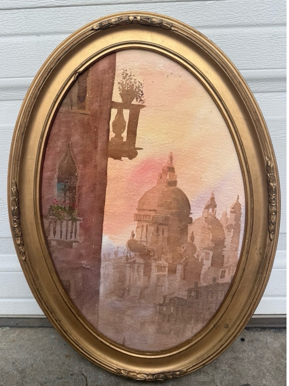 Original Vintage Watercolor on Paper in Antique Gold Frame of Venice Canals